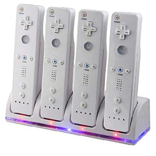 SANON Estación de Acoplamiento de Doble Cargador Remoto de Wii para Controlador Nintendo Wii Base de Carga de Controlador 4 en 1 con 4 Baterías Recargables E Indicadores LED - Blanco