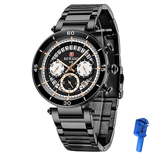 Shalwinn Relojes Hombre CronóGrafo Automático MultifuncióN Acero Inoxidable Impermeable Cuarzo Moda Negocios Ocio Regalo Reloj,43mm,Negro&Azul