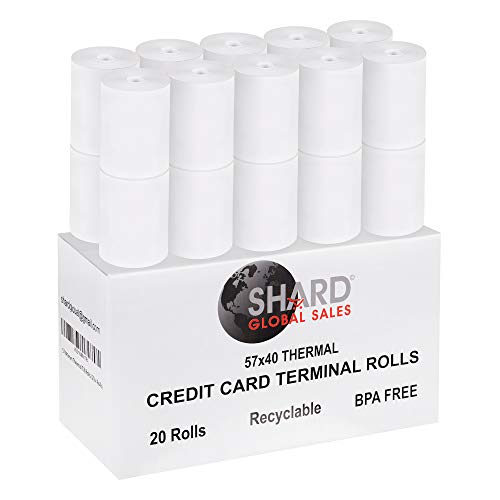 Shard Global Rollos de Papel para Registradoras Sin BPA Reciclables – 57 x 40mm Rollos de Papel Térmico 20 Rollos de Papel para Datáfonos Worldpay, Ingenico, Barclays y Otros