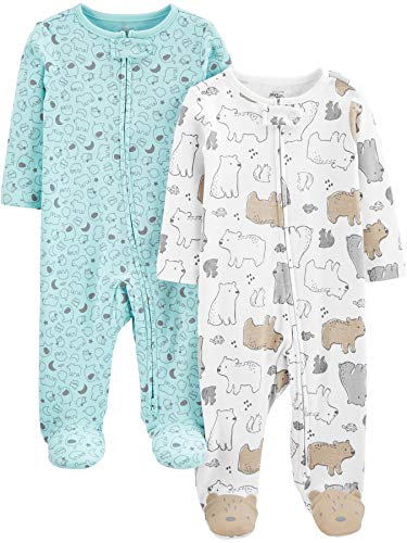 Simple Joys by Carter's Neutral 2-Pack Cotton Footed Sleep and Play Infant Toddler-Bodysuit-Footies, Oso/impresión Animal, 6-9 Meses, Pack de 2