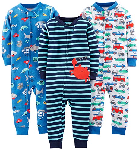 Simple Joys by Carter's pijama de algodón sin pies para bebés y niños pequeños, paquete de 3 ,Crab/Sea Creatures/Cars ,18 Months
