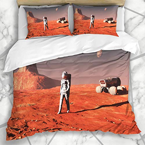 Soefipok Conjuntos de Funda nórdica Rocket Orange Planet Scene Astronaut On Mars Rocks Abstracto Rojo Misión Uno Espacio Cosmonauta Ropa de Microfibra con 2 Fundas de Almohada