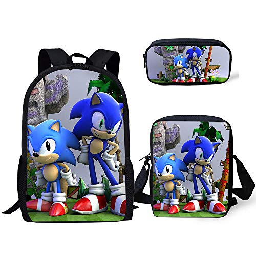 Sonic The Hedgehog Mochila Impresa, Sonic Bookbags Set Mochilas Escolares de Lona de Gran Capacidad con Bandolera y Bolsa de lápices
