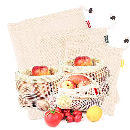 Sparta's Store Bolsas de vegetales reutilizables de algodón, bolsas de frutas y vegetales, bolsas de malla transpirables, 3 piezas (1L, 1M, 1S)