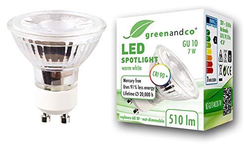 Spot LED greenandco® IRC90+ 3000K 36° GU10 7W (corresponde a 60W) 510lm SMD LED 230V AC, sin parpadeo, no regulable