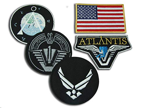Stargate SG1 ATLANTIS - Juego de 5 insignias para chaqueta de equipo principal, cierre de gancho y bucle, parches: SG-1, Chevron, bandera de Estados Unidos, Atlantis y USAF