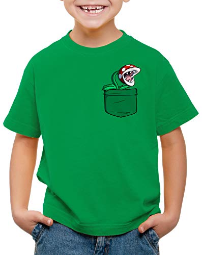 style3 Planta Piraña Bolsillo Camiseta para Niños T-Shirt Pocket Mario Switch SNES, Color:Verde, Talla:128