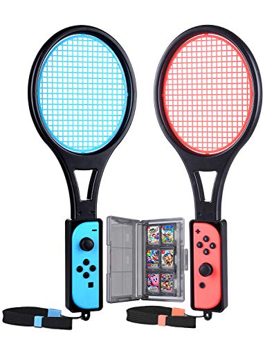 Tendak Raqueta de Tenis para Nintendo Switch Mario Tennis Aces Games Raqueta de Tenis para controladores Joy-Con con Estuche para Tarjetas de Juegos 12 en 1 (2 Piezas, Azul y Rojo)