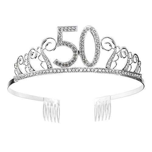 Tiara Cumpleaños Corona 50TH con Peine Artículos de Fiesta y Decoraciones Accesorios Plata Cristal Diademas Mujer Princesa Feliz Cumpleaños
