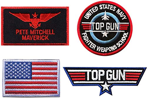 Top Gun Patches - Parche táctico bordado con cierre de gancho y bucle para chaqueta, jean, camiseta, sombrero, 4 unidades