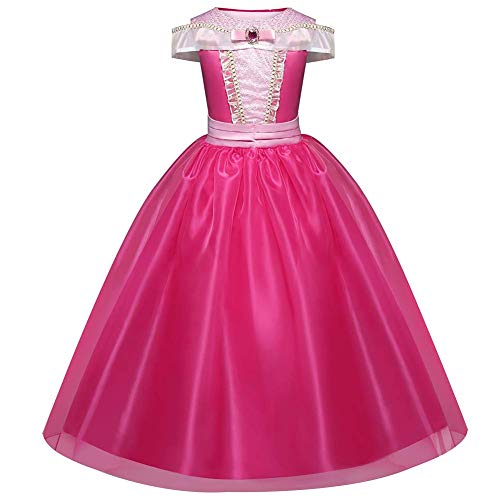 TXYFYP Niña Princesa Aurora Vestido Bella Durmiente Disfraz Cosplay Halloween Navidad Cumpleaños Disfraz Vestido Fit para Edad 3-10 Años - Rosa, 130cm