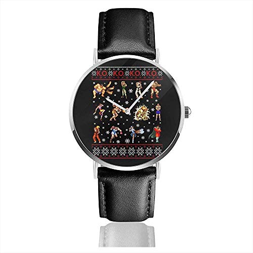 Unisex Street Fighter Christmas Concursantes KO Watches Reloj de Cuero de Cuarzo con Correa de Cuero Negro