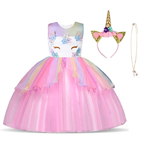 URAQT Disfraz de Unicornio, Vestido de Princesa Unicornio para Niñas, Vestido Elegante con Collar/Diadema para Cumpleaños/Cosplay/Boda, Edad 2-10 Años (Rosado, 7-8 años)