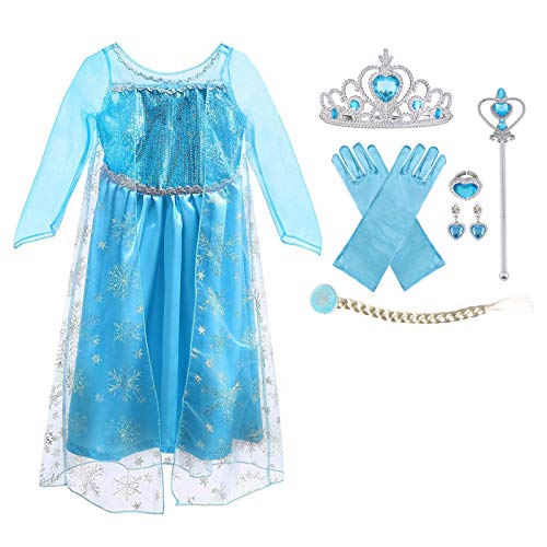 URAQT Vestido de Princesa Elsa, Reina Frozen Disfraz Elsa Vestido Infantil Niñas Costume Azul Cosplay de Disney Disfraz de Halloween, Cumpleaños, Carnaval y la Fiesta (130) Azul
