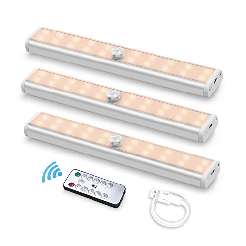 USB Recargable Luces LED para Armario(3pcs,60led), Fansteck lámpara Inalámbrica Nocturna Portátil Ajuste de Brillo/Cinta Magnética/Apagado Automático, para pasillo/cocina/armario. Luz blanca cálida
