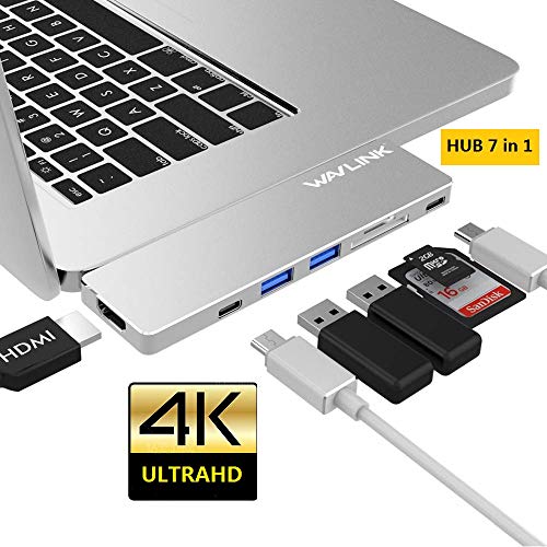 WAVLINK USB-C Hub 4K HDMI Ataptador Diseño de Aluminio, con USB 3.0 Puertos, Memoria Puertos y Puerto de HDMI para MacBook Pro 2018/2019 de 13"y 15"(Plata)