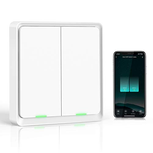 Wifi Interruptor Alexa 2 Gang, Etersky Interruptor Inteligente Compatible con Alexa y Google Home, Interruptor Pared Luz Control APP, Smart Home Interruptor Tactil con Temporizador, Neutral Requerido