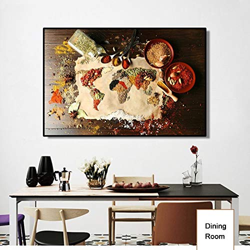 wZUN Mapa del Mundo Moderno con póster de Especias y Grabado Mural Arte Lienzo Pintura Mural Restaurante decoración del hogar 50x75cm