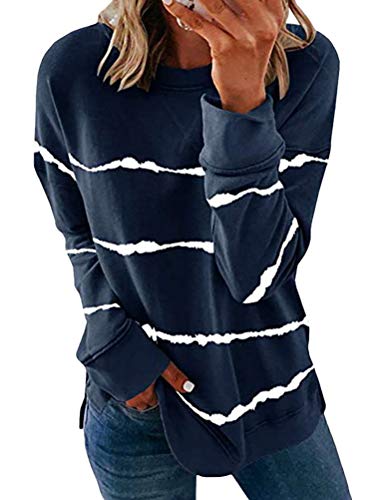 YNALIY Tie Dye Crew – Sudadera de manga larga para mujer, estilo batik camiseta, túnica, manga larga, informal, otoño azul marino S