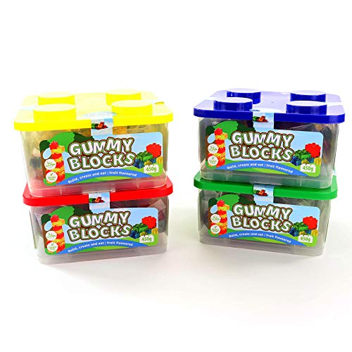 1 caja 4D Gummy Blocks – Bloques de construcción comestibles con sabor a fruta – Caja resellable – Azul, amarillo, verde o rojo – 450 g