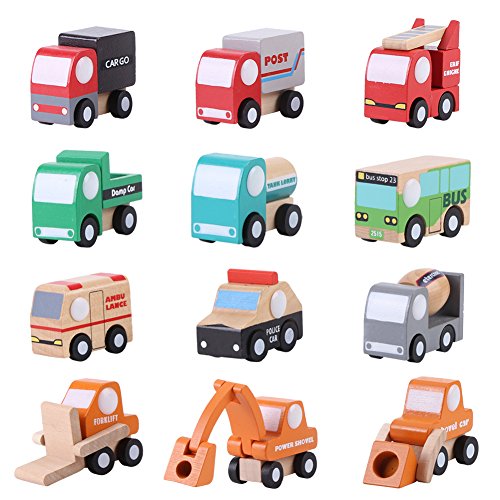 12 Pack Vehículos de Madera para bebés y niños Set de juguetesmadera para coche Juguetes Educativos Trafico Juguetes Regalo Niños Mini Car Model
