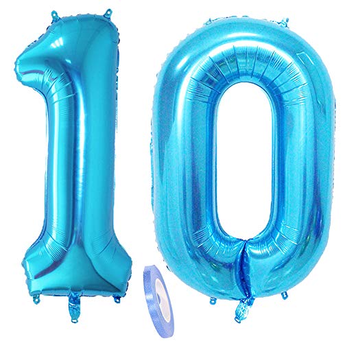 2 Globos Número 10, Número 10 Globo Blue Girl Boy Guys, Globo inflable de papel de helio de 40 "Figuritas de globos azules, Globo gigante para decoración de fiesta de cumpleaños Prom (xxxl 100cm)