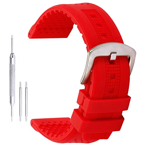 20mm elegantes pulseras de reloj de la correa de caucho de silicona en rojo con pasador de acero inoxidable de la hebilla de extremo recto