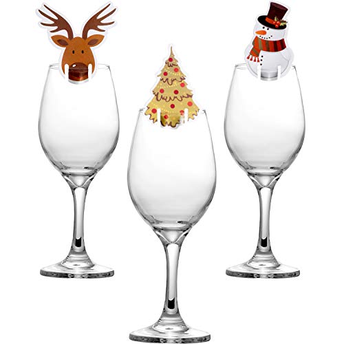 30 Piezas de Tarjetas de Copa Decoraciones de Copa de Vino de Navidad Adornos de Mesa para Materiales de Fiesta (Monigote de Nieve, Ciervo y Árbol de Navidad)