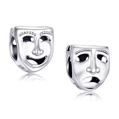 Abalorio de plata de ley 925 con diseño de máscara de teatro con dos caras, compatible con pulseras y collares europeos