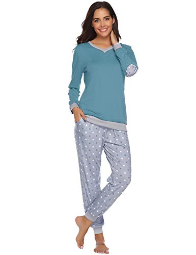 Abollria Pijama Mujer Algodón 2 Piezas Set V-Cuello Conjunto de Pijamas de Manga Larga Jogging Estilo Ropa de Dormir (L=EU(44-46), Azul Verde)