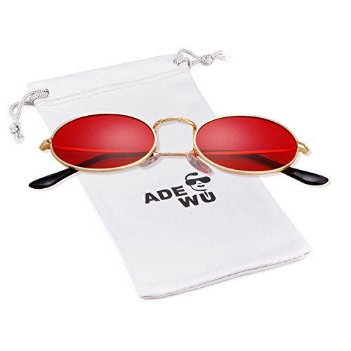 ADEWU Gafas de sol para mujer, gafas ovaladas pequeñas Gafas vintage redondas con borde de metal fino (New - Gold(frame)+Red(lens))
