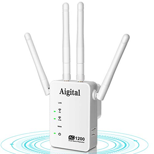 Aigital WiFi Repetidor, 1200Mbps Extensor de Red WiFi (2.4G&300Mbps+5G 867Mbps) Amplificador señal WiFi con 4 Antenas Externas, 2 Puerto Ethernet, Modo Extensor y Router, Cobertura WiFi de 160 m²