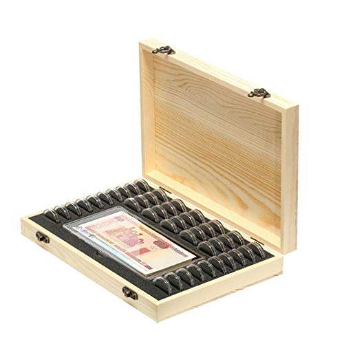 Álbum de colección de monedas y billetes con caja de almacenamiento de madera, portacápsulas de plástico para monedas de 18 mm / 20 mm / 22,25 mm / 25 mm / 27 mm / 30 mm y billetes para coleccionista