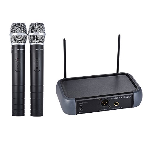 ammoon Micrófono Inalámbrico Sistema Doble Canal VHF de Mano con la Función Echo 2 Micrófonos y 1 Receptor Cable de Audio de 6.35 mm para Karaoke Fiesta Familiar Presentación Dirección Pública
