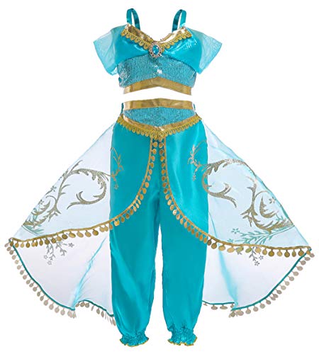AmzBarley Niña Aladdin Princesa Disfraz Jazmín Tops Pantalones Traje Cosplay Actuación Carnaval Navidad Regalo Cumpleaños Danza Vientre