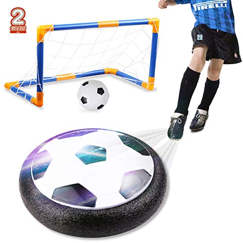 amzdeal Air Football Kit Juguete Balón de Fútbol（1 x Air Hover Ball+1 Mini Soccer +1 Goal de Fútbol +1 Aguja de Gas） Aire Fútbol para Actividades Interiores o Exteriores con Luz LED y música (2 Goal)