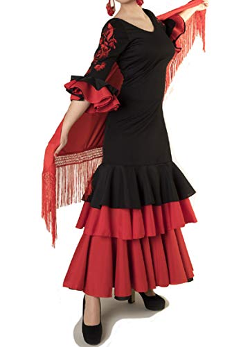 ANUKA Traje de Baile Flamenco para Mujer con Flores en Las Mangas Bordadas. Made IN Spain (Talla L)
