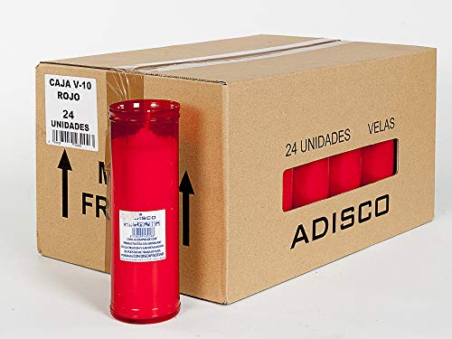 Arcibold Home Caja 24 velones V-10 Rojo. Velas de 55 x 180 mm. Velas de parafina Blanca en envase de plástico Rojo. Sin Aroma.