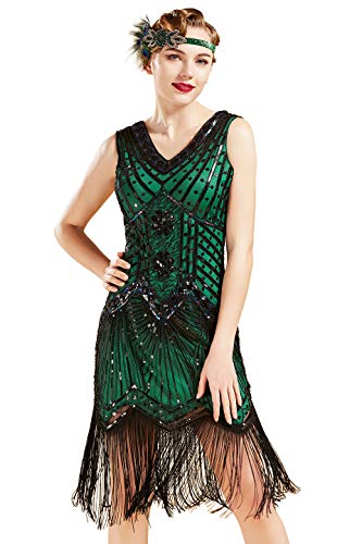 Babeyond Vestido de charlestón, estilo de los años 20, del Gran Gatsby, con flecos, cuentas y cuello en V - Verde - Medium