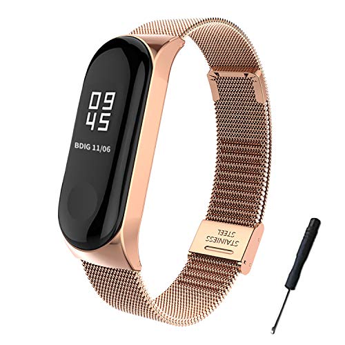 BDIG Mi Band 3 Correa de Metal Pulsera para Xiaomi Mi Band 3 Correa de Acero Inoxidable Agradable (No Host) (Melan Oro Rosa)