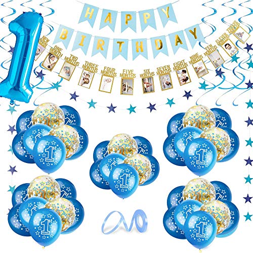 Bebé Niño 1er Cumpleaños Decoraciones, Kit de Globo Azul para Fiesta de Primer Cumpleaños para Niños, Feliz Cumpleaños Globos de Látex Impresos Confeti Número"1"