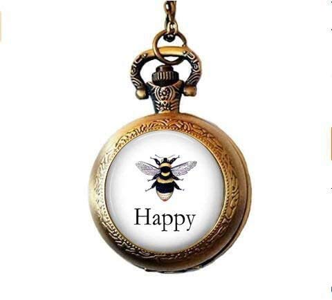 BEE Happy – Litografía de abeja vintage – Be Happy – Colgante de abeja – Collar de reloj de bolsillo – Honeybee – Joyería de abeja