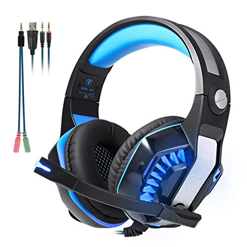 Beexcellent GM-2 Pro Gaming Over-Ear con micrófono, luces LED y control de volumen Cancelación de ruido de graves estéreo, para PS4 Xbox One, ordenador portátil, PC, Tablet(Azul)