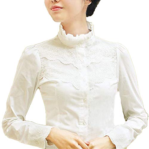 Blusa para mujer Nonbrand, de mangas largas, de invierno, diseño con encaje, estilo victoriano y vintage, para la oficina Blanco blanco Talla 42 (Talla del fabricante: XL)