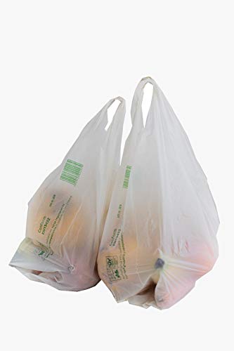 Bolsas Biodegradables y Compostables Tipo Camiseta Paquete con 50 Bolsas, certificadas TUV Austria Conforme EN13432 y Fabricadas en la Unión Europea. Dimensiones: (30+2x9) x60 cm, Large