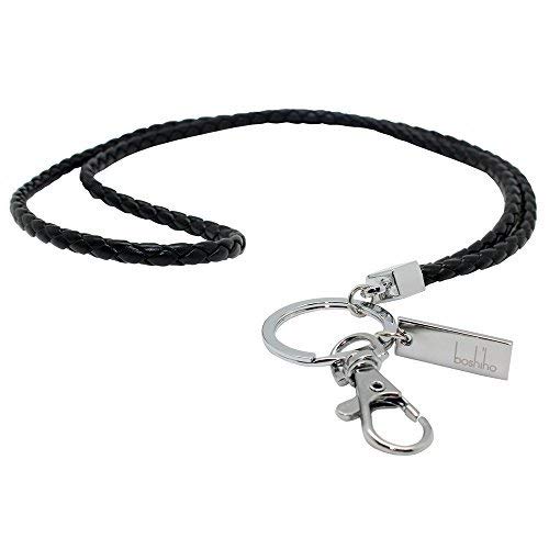 Boshiho llaves cuello cordón cuero con clip de metal para el titular de la tarjeta de identificación, llaves, teléfono (Negro)