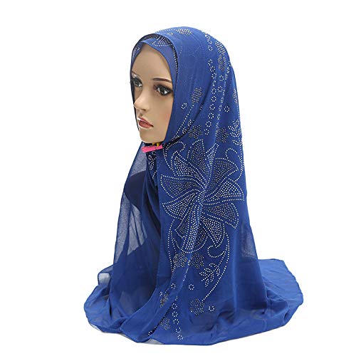Bufanda Mujer Chal Bufanda Étnica De Gasa con Perlas Hijab Hot Drill Hui Turban-2 Royal Blue_About_170 * 70Cm
