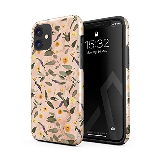 Burga - Carcasa para iPhone 11, diseño de flores de mármol de melocotón y hojas de eucalipto, estilo vintage, resistente a los golpes, doble capa y funda protectora de silicona