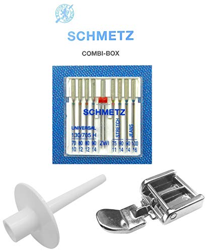 Caja combinada de agujas de Schmetz + soporte para bobinas de hilo simplemente inserta en la bobina + prensatelas para máquinas de coser Victoria, Brother, FiF, Janome, Kenmore, Juki, Quasatron