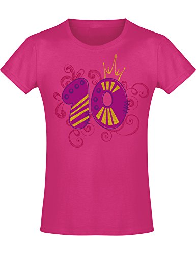 Camiseta de Cumpleaños - 10 Años con Corona y Brillo - Año 2010 - T-Shirt Niños Chica Niña Niñas Girl-s - Rosa Pink Fucsia Pijama - Regalo Princesa Princess - Birthday (152)